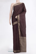 Pure Silk Coffee Brown Dual Tone Kanjivaram Saree with Plain Body and Thread Border.  displayed on a mannequin