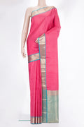 Pure Silk Pink Kanchipuram Saree with Zari Butta on the body and Zari Border.  displayed on a mannequin