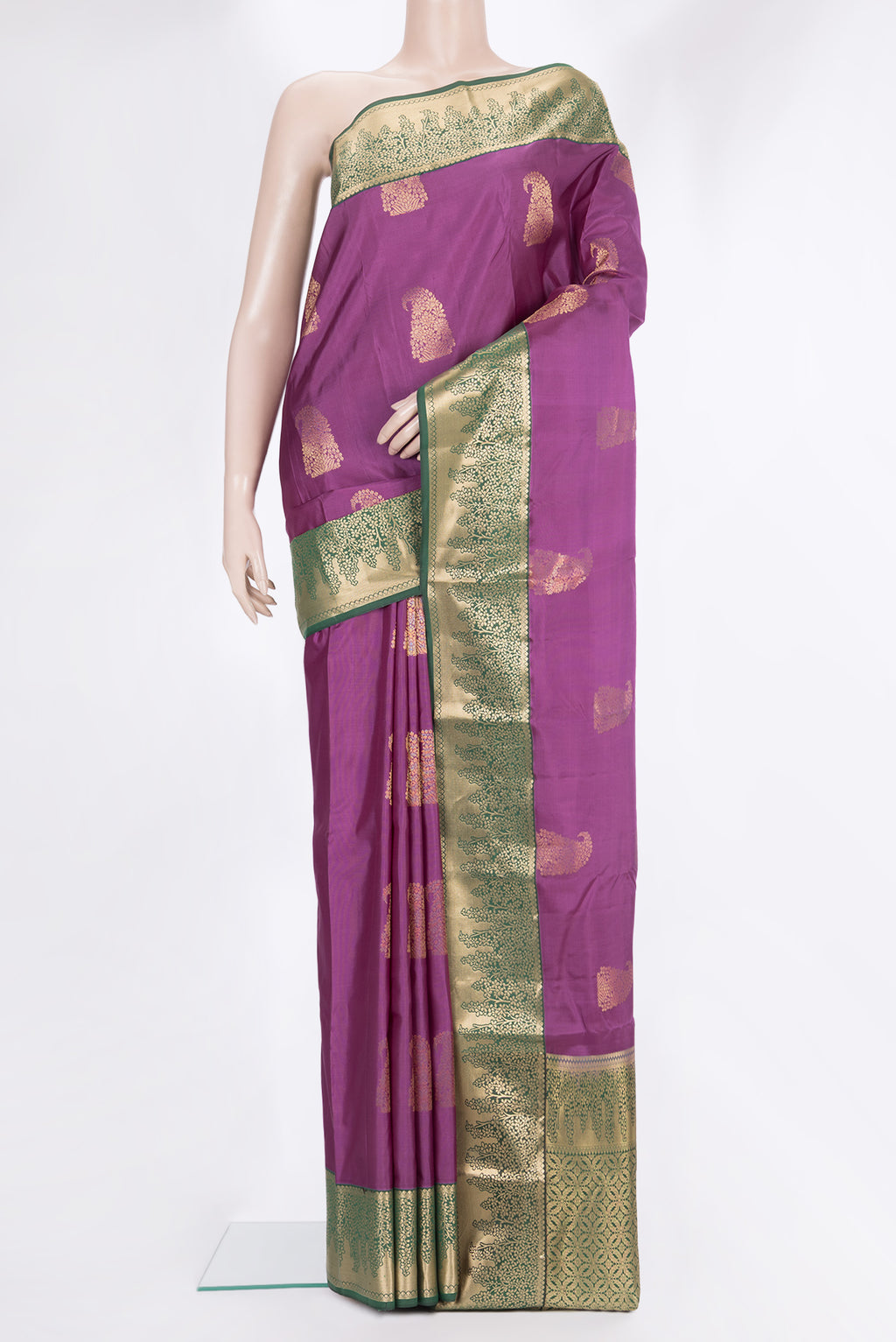 Pure Silk Pink Kanchipuram Saree with Zari Butta on the body and Fancy Border.  displayed on a mannequin