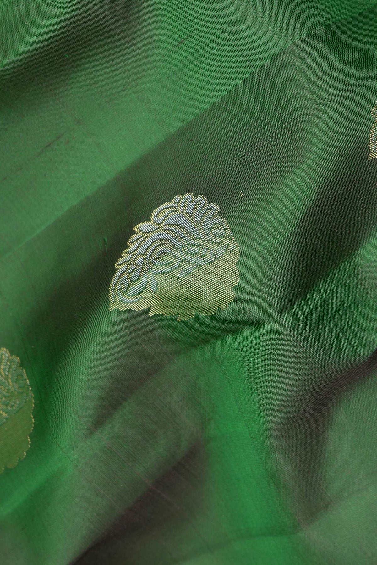 Close up of Pure Silk Green Kanchipuram Saree with Zari Butta on the body and Zari Border.  displaying folds