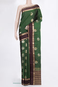 Pure Silk Green Kanchipuram Saree with Zari Butta on the body and Zari Border.  displayed on a mannequin