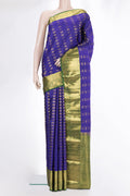 Pure Silk Dark Blue Kanchipuram Saree with Zari Butta on the body and Zari Border.  displayed on a mannequin
