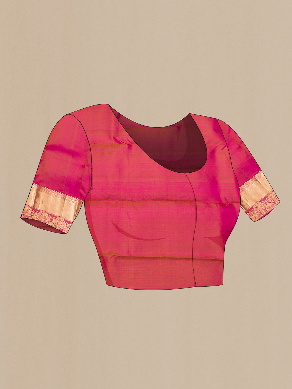 Close up image of the blouse of Pure Silk Beige Kanchipuram Saree with Stripes on the body and Zari Border. 