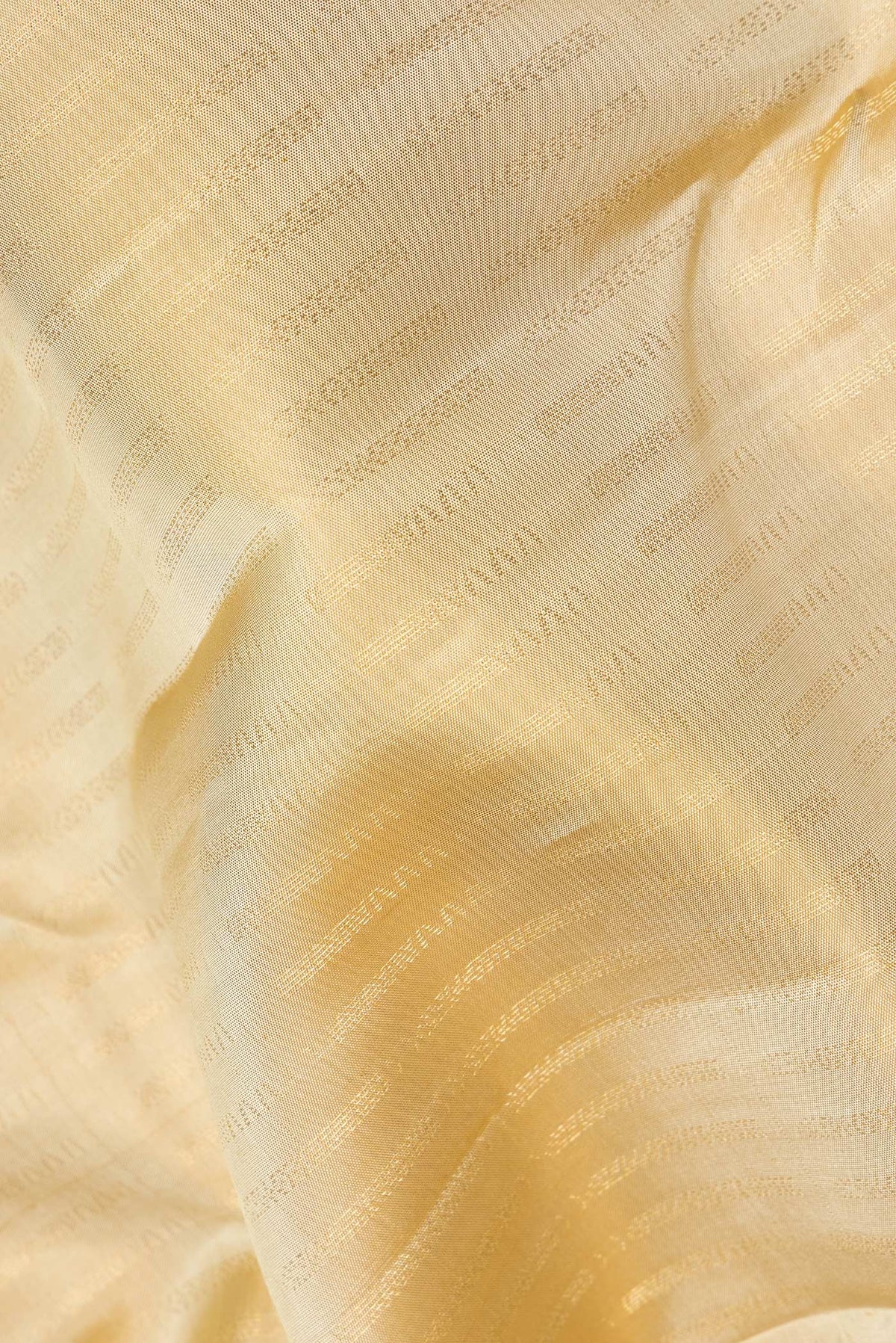 Close up of Pure Silk Beige Kanchipuram Saree with Stripes on the body and Zari Border.  displaying folds