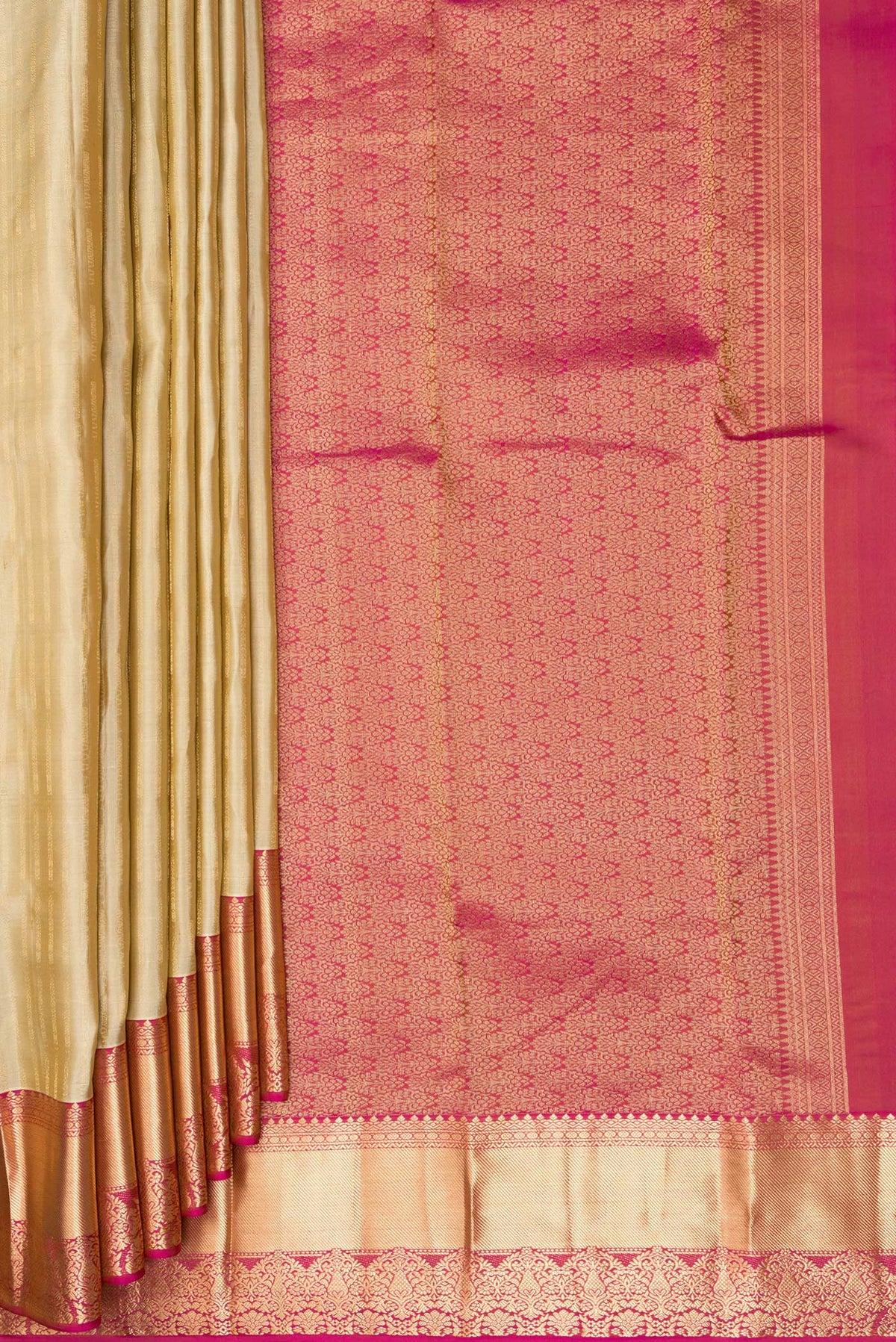 Pleats and pallu of Pure Silk Beige Kanchipuram Saree with Stripes on the body and Zari Border. 
