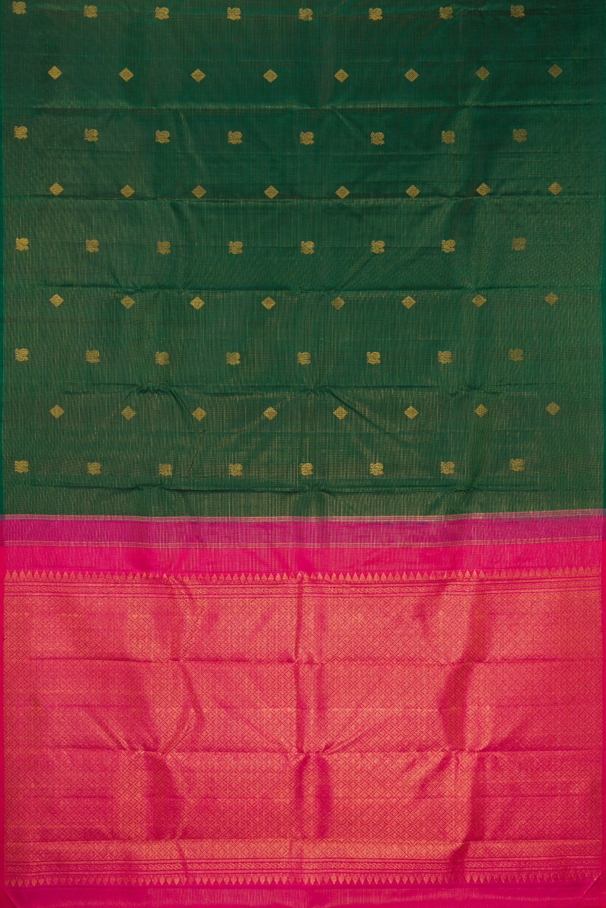 Flat view of Pure Silk Bottle Green Kanjivaram Saree with Stripes on the body and Without Border. 