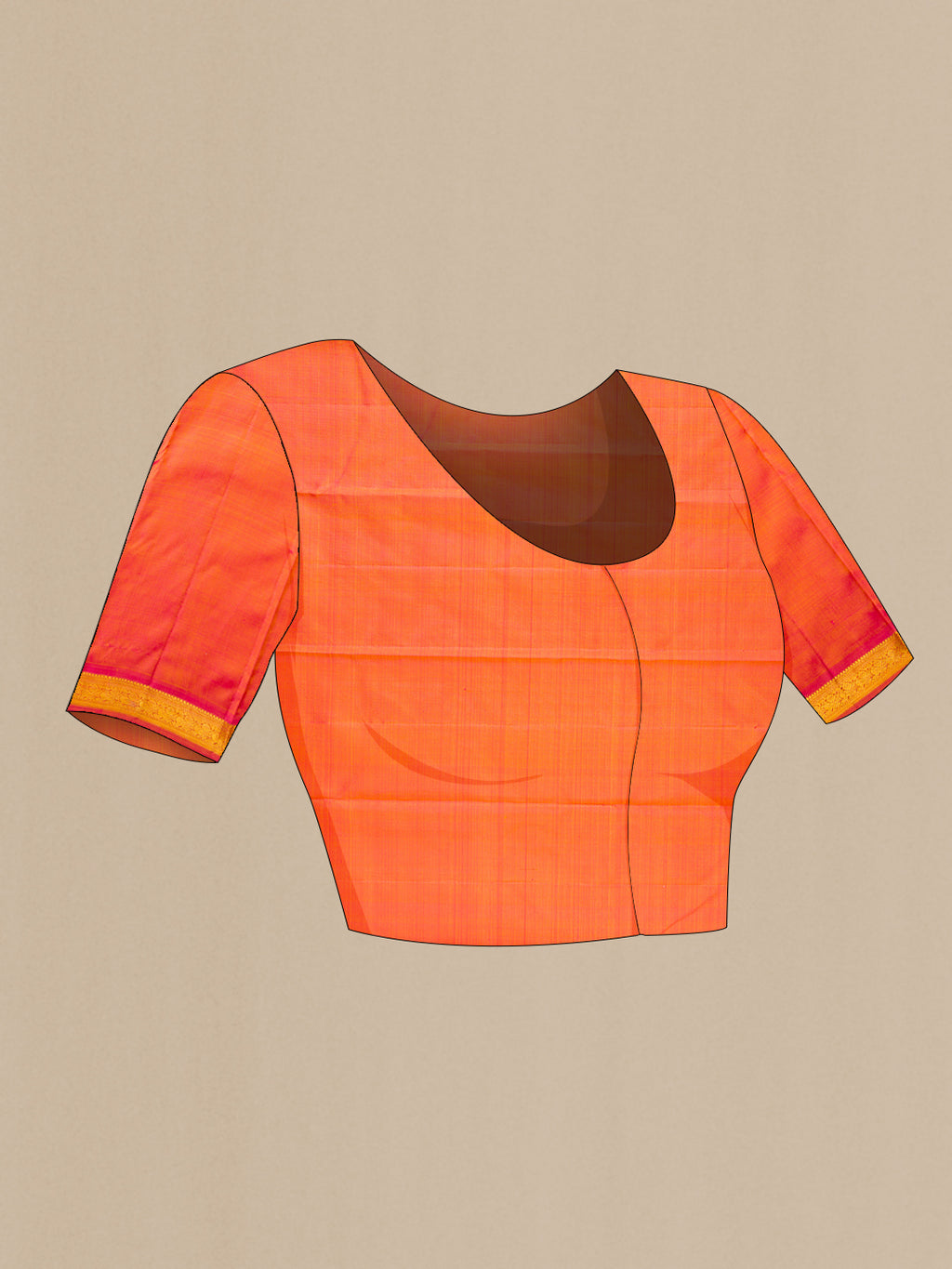 Close up image of the blouse of Pure Silk Mustard Kanchipuram Saree with Zari Butta on the body and Zari Border. 