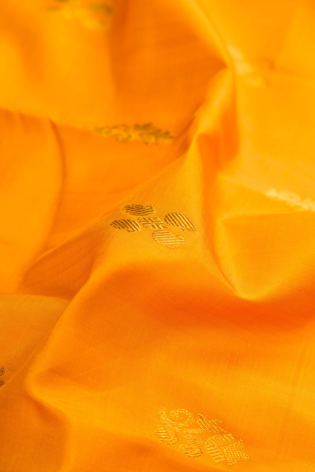 Close up of Pure Silk Mustard Kanchipuram Saree with Zari Butta on the body and Zari Border.  displaying folds