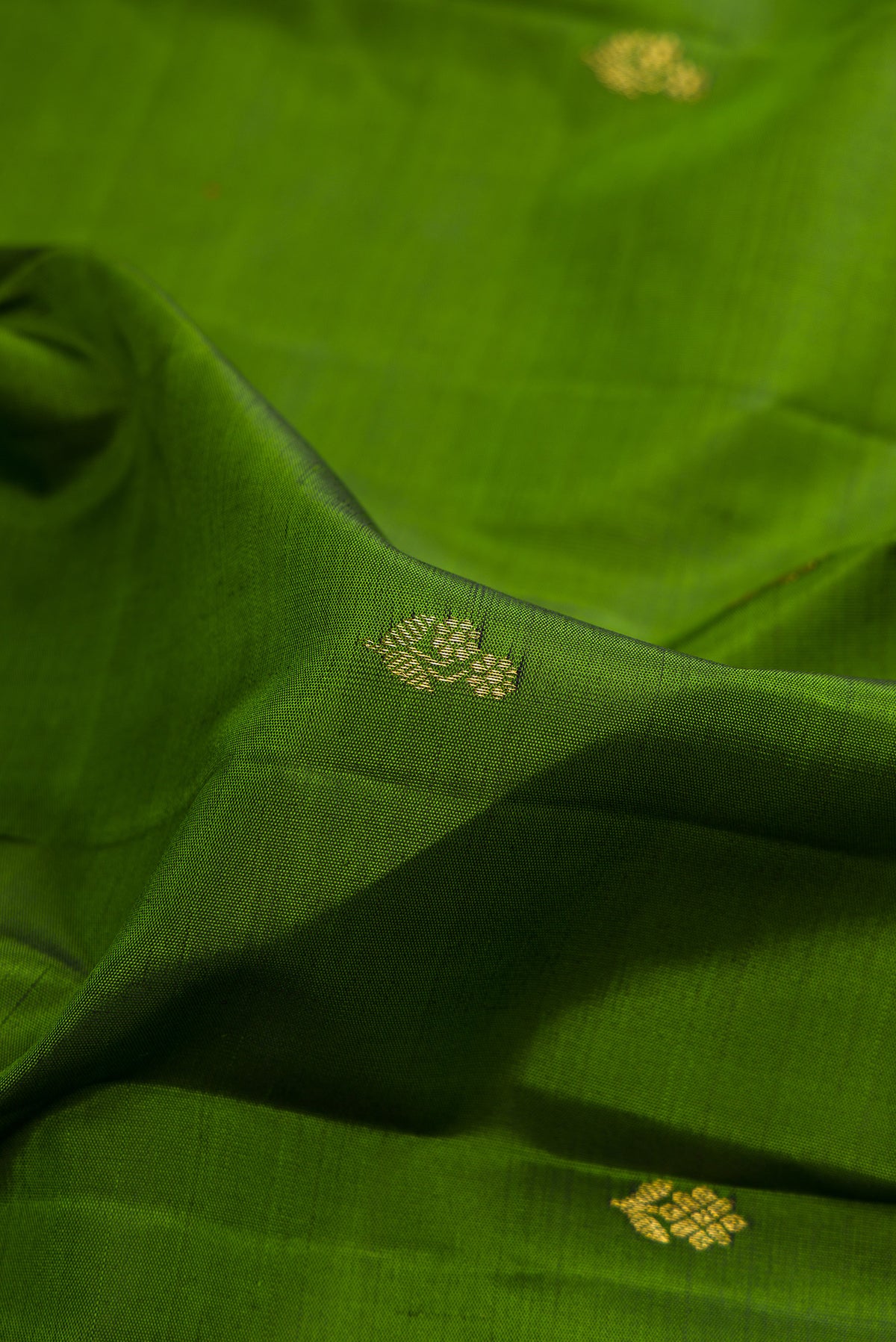 Close up of Pure Silk Mehandi Green Kanchipuram Saree with Zari Butta on the body and Zari Border.  displaying folds