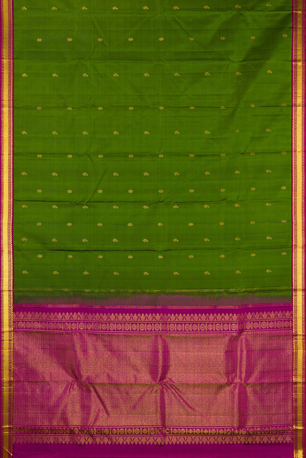 Flat view of Pure Silk Mehandi Green Kanchipuram Saree with Zari Butta on the body and Zari Border. 