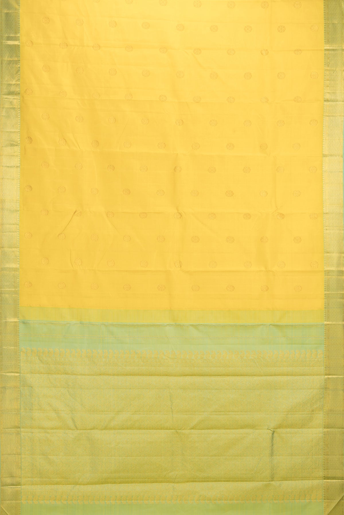 Flat view of Pure Silk Yellow Kanchipuram Saree with Zari Butta on the body and Zari Border. 