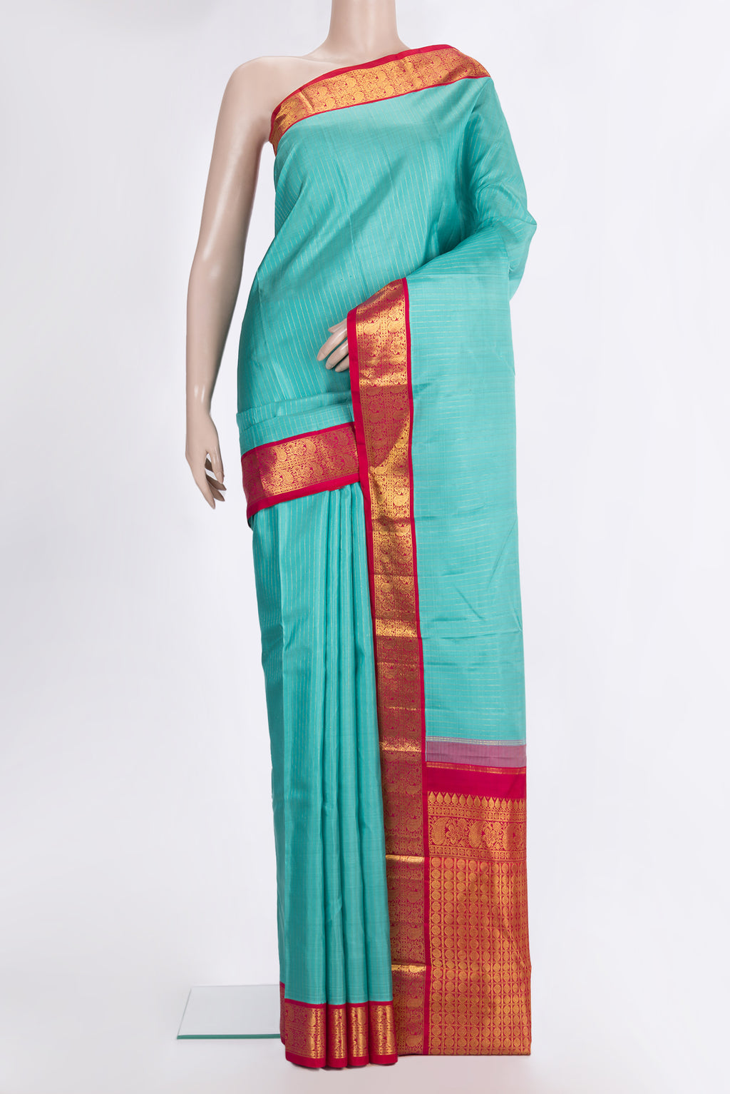 Pure Silk Sky Blue Dual Tone Kanjivaram Saree with Stripes on the body and Zari Border.  displayed on a mannequin