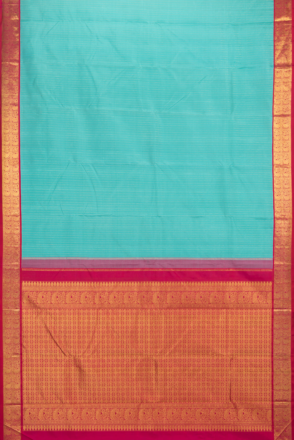 Flat view of Pure Silk Sky Blue Dual Tone Kanjivaram Saree with Stripes on the body and Zari Border. 