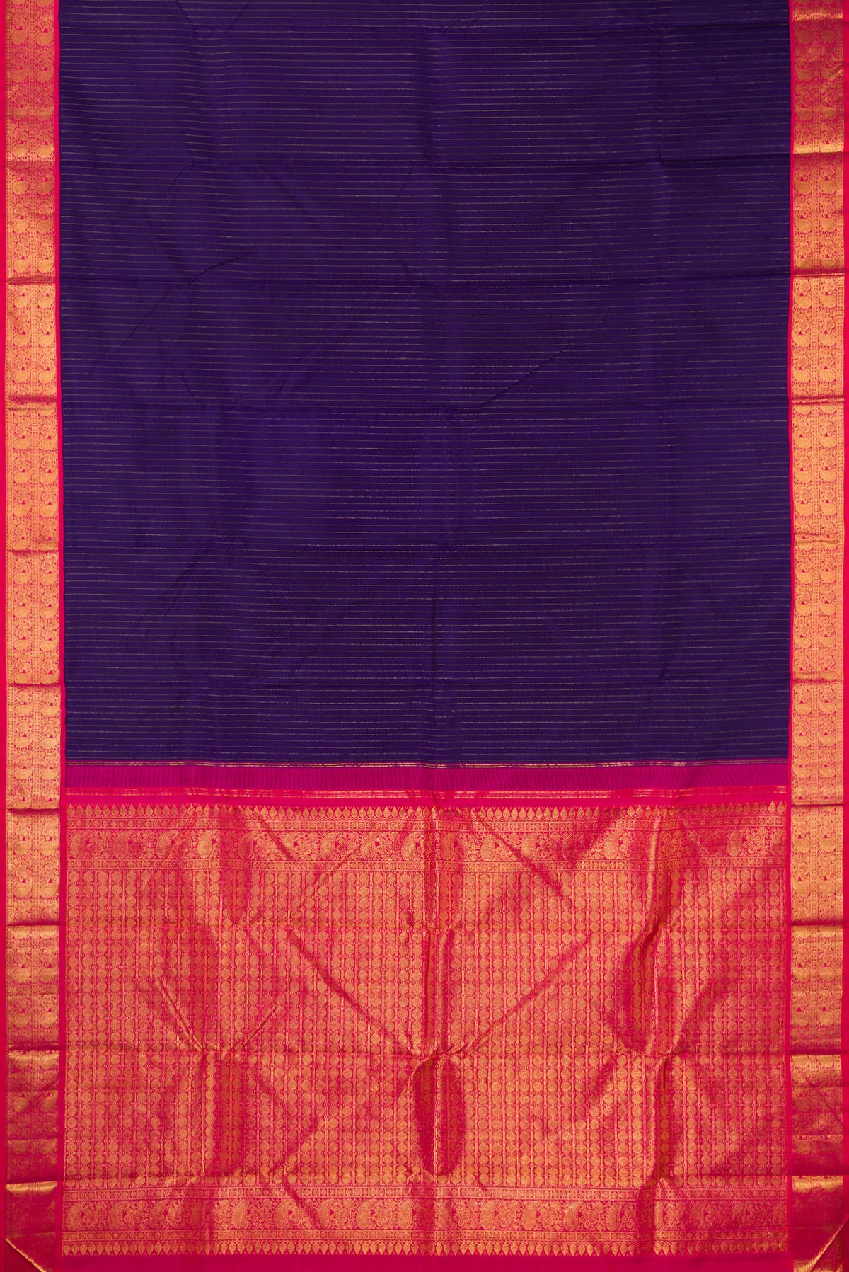 Flat view of Pure Silk Navy Blue Kanjivaram Saree with Stripes on the body and Zari Border. 