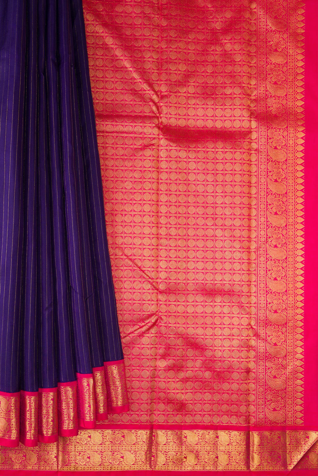 Pleats and pallu of Pure Silk Navy Blue Kanjivaram Saree with Stripes on the body and Zari Border. 