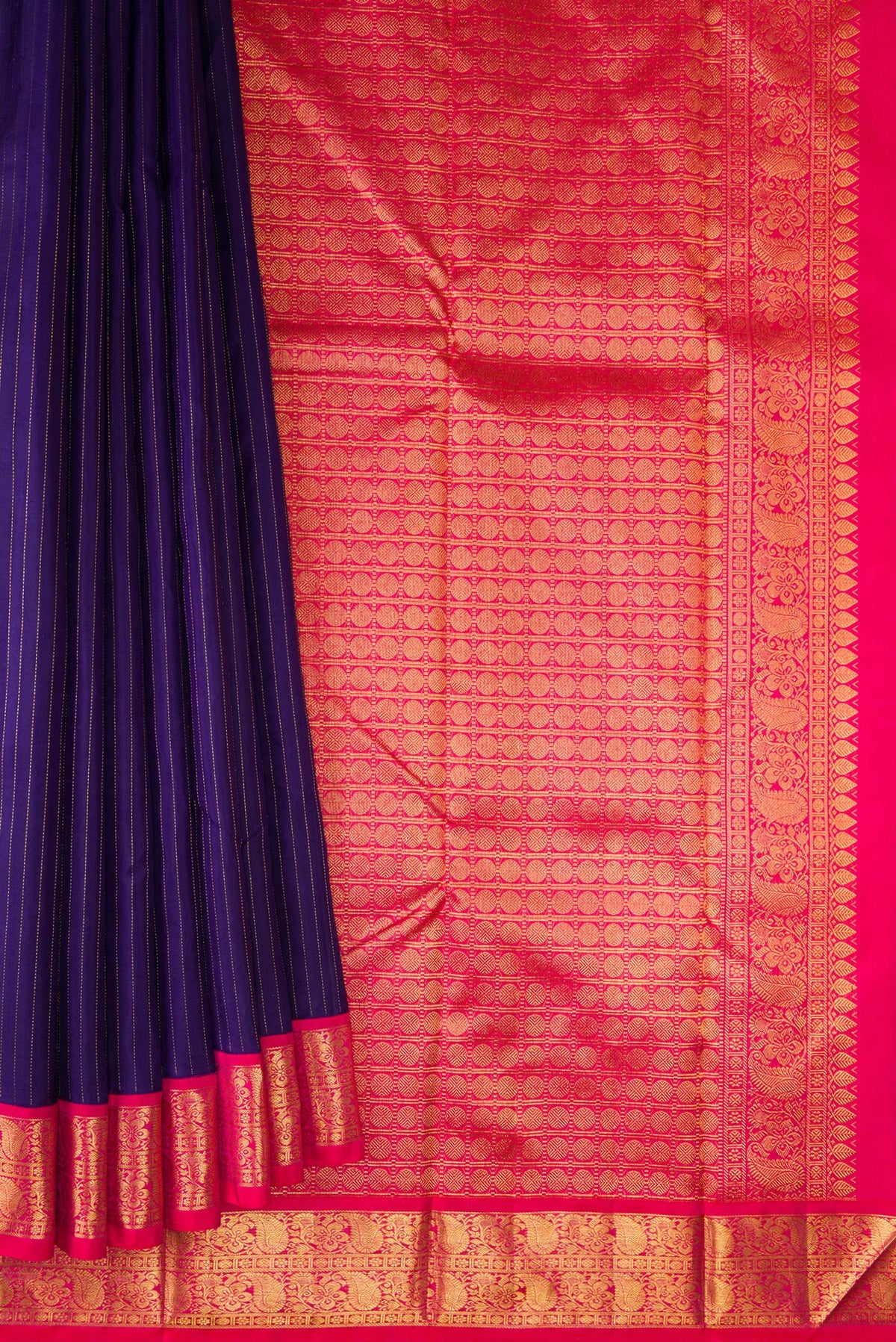 Pleats and pallu of Pure Silk Navy Blue Kanjivaram Saree with Stripes on the body and Zari Border. 