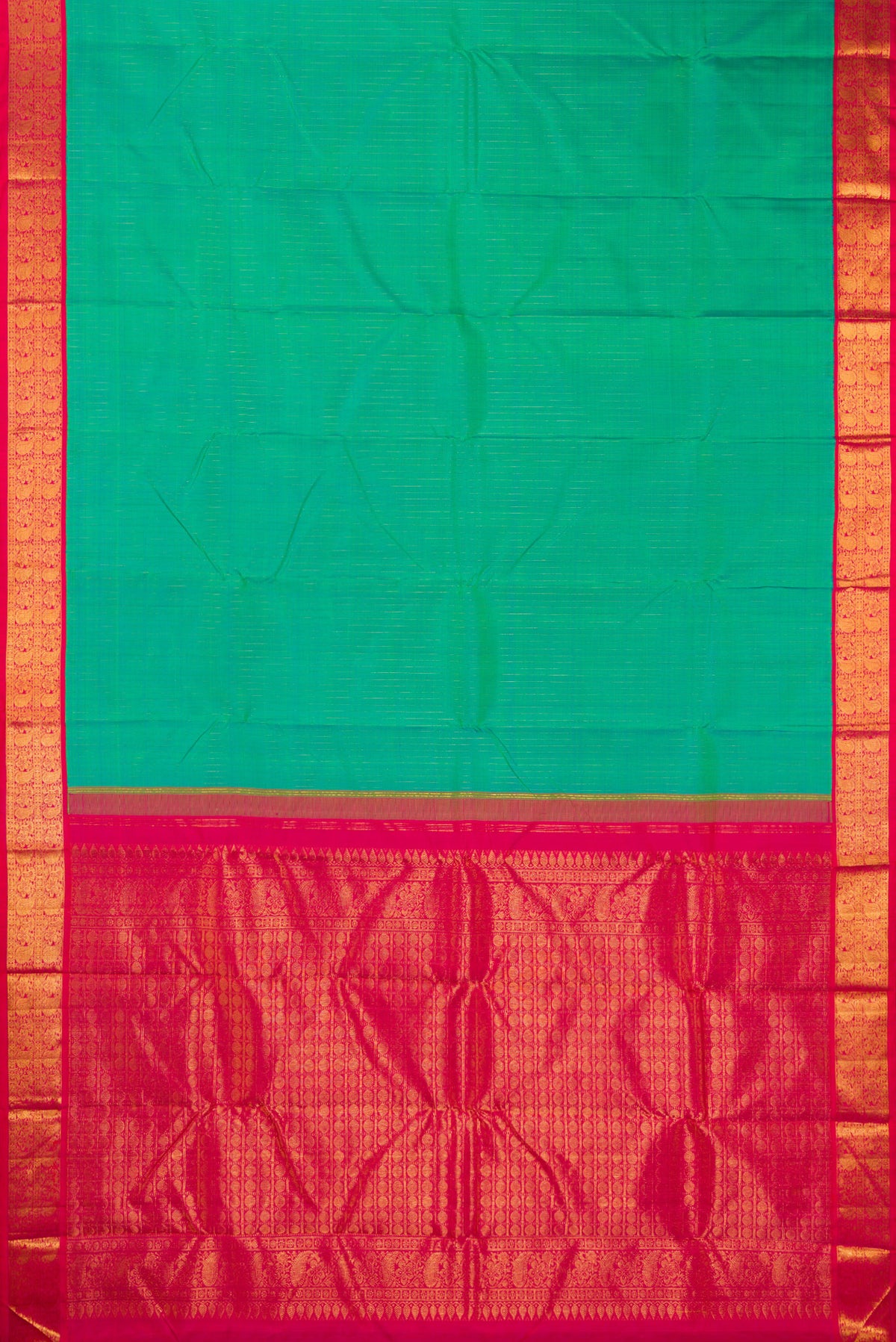 Flat view of Pure Silk Sea Green Dual Tone Kanjivaram Saree with Stripes on the body and Zari Border. 