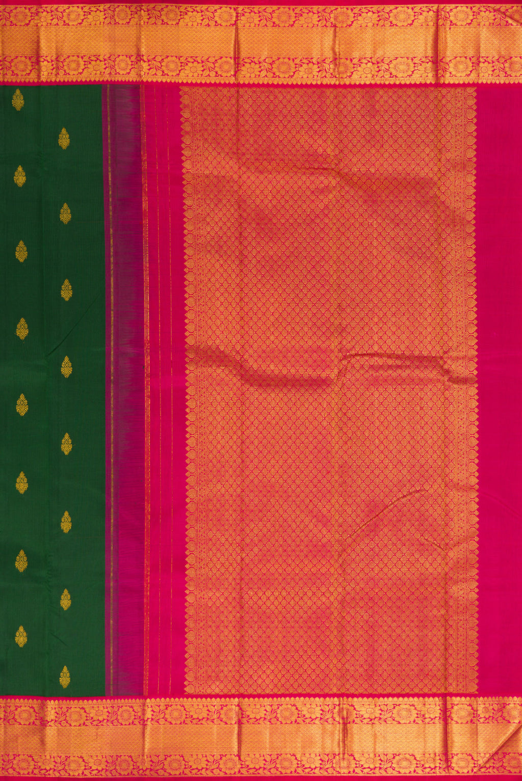 Close up image of the pallu of Pure Silk Bottle Green Kanjivaram Saree with Zari Butta on the body and Zari Border. 