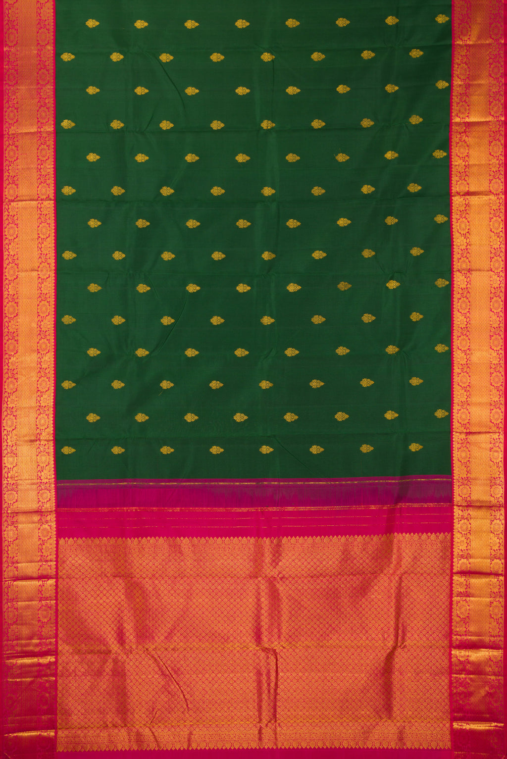 Flat view of Pure Silk Bottle Green Kanjivaram Saree with Zari Butta on the body and Zari Border. 