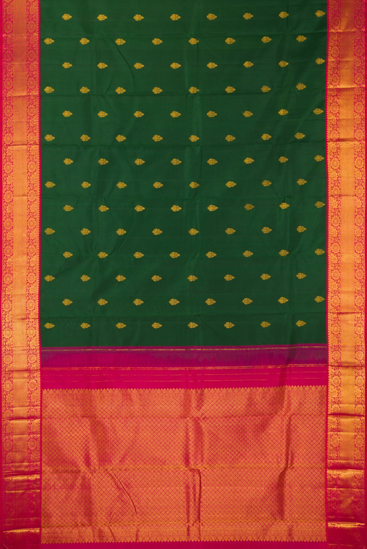 Flat view of Pure Silk Bottle Green Kanjivaram Saree with Zari Butta on the body and Zari Border. 