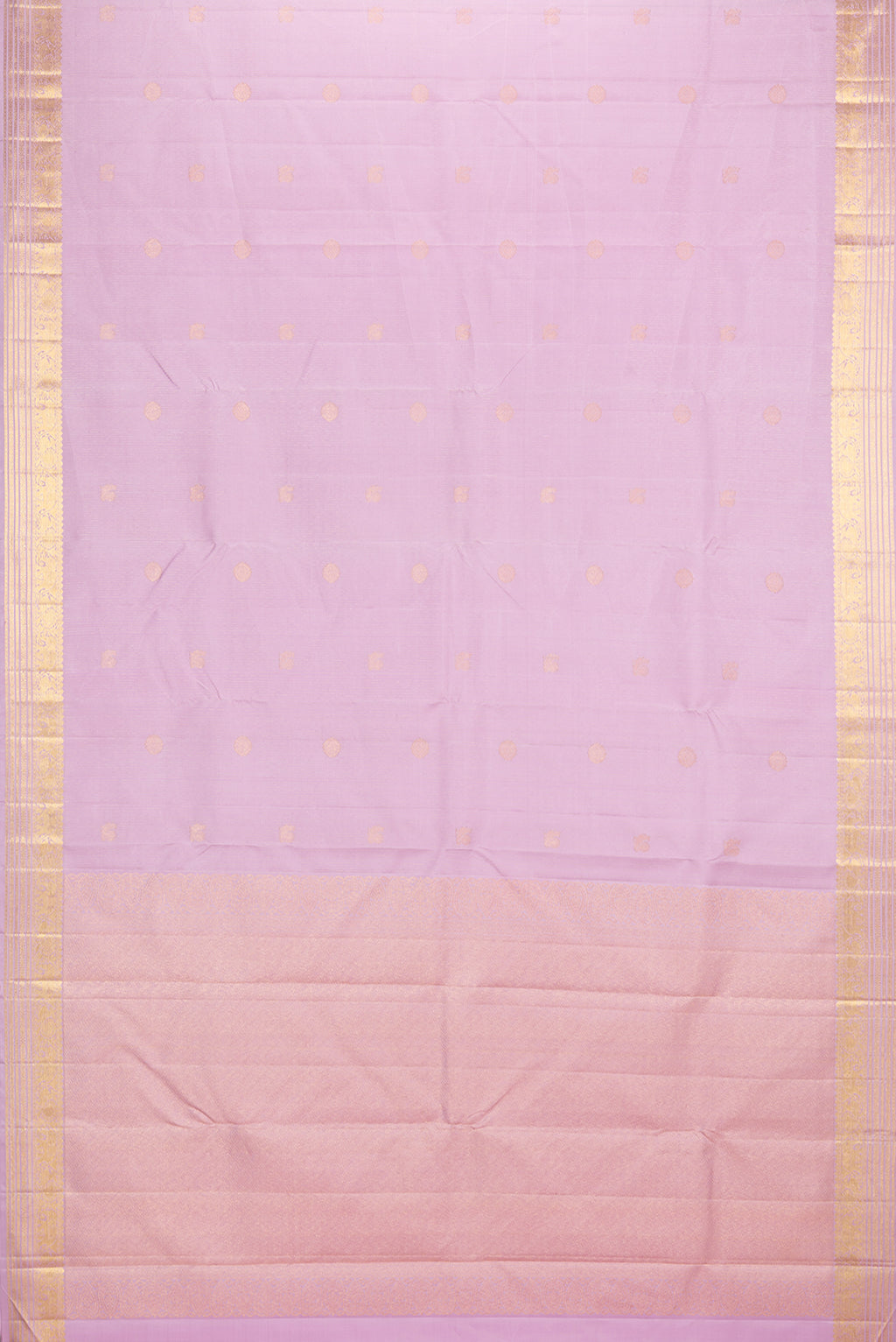Flat view of Pure Silk Rose pink Kanjivaram Saree with Stripes on the body and Zari Border. 