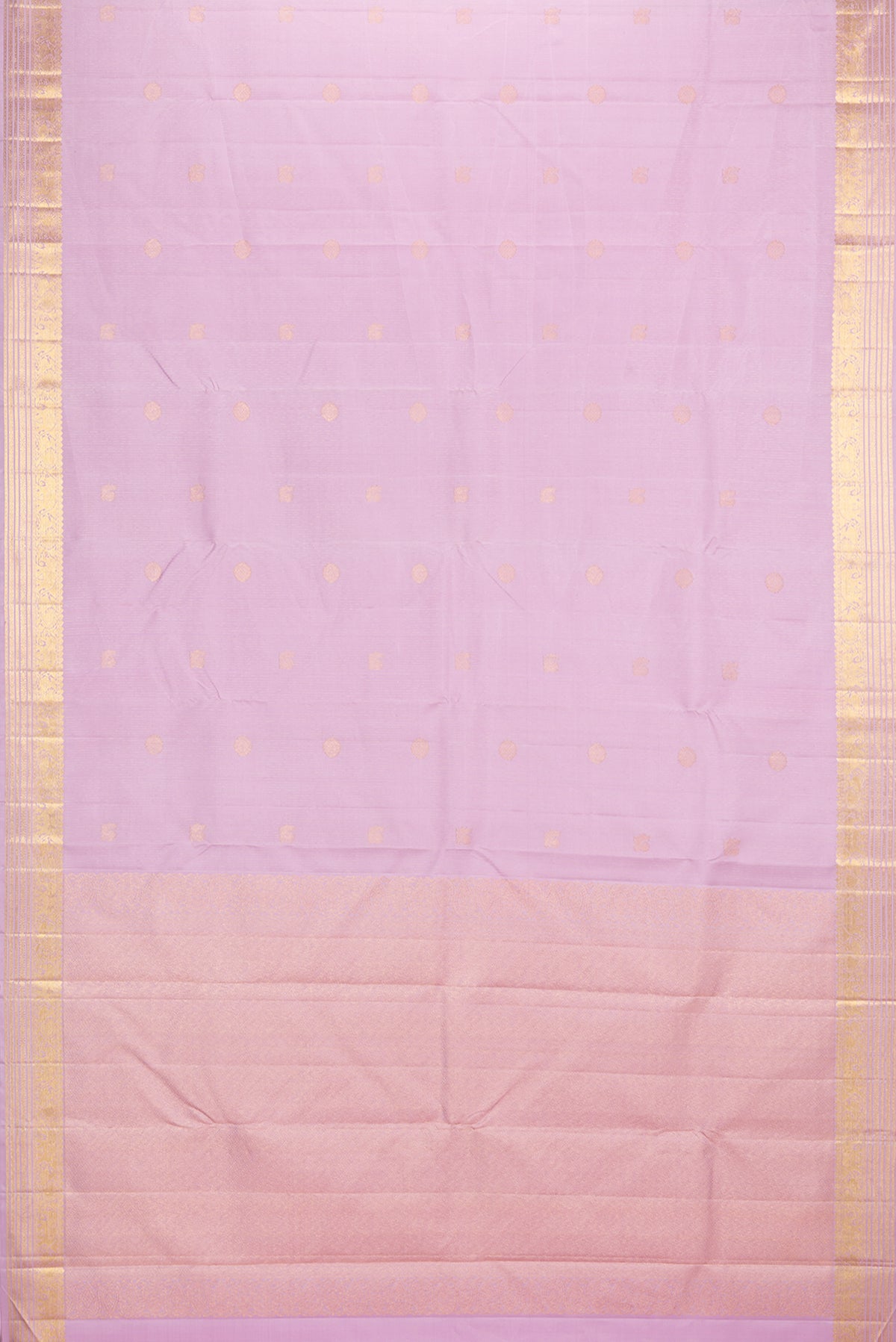 Flat view of Pure Silk Rose pink Kanjivaram Saree with Stripes on the body and Zari Border. 