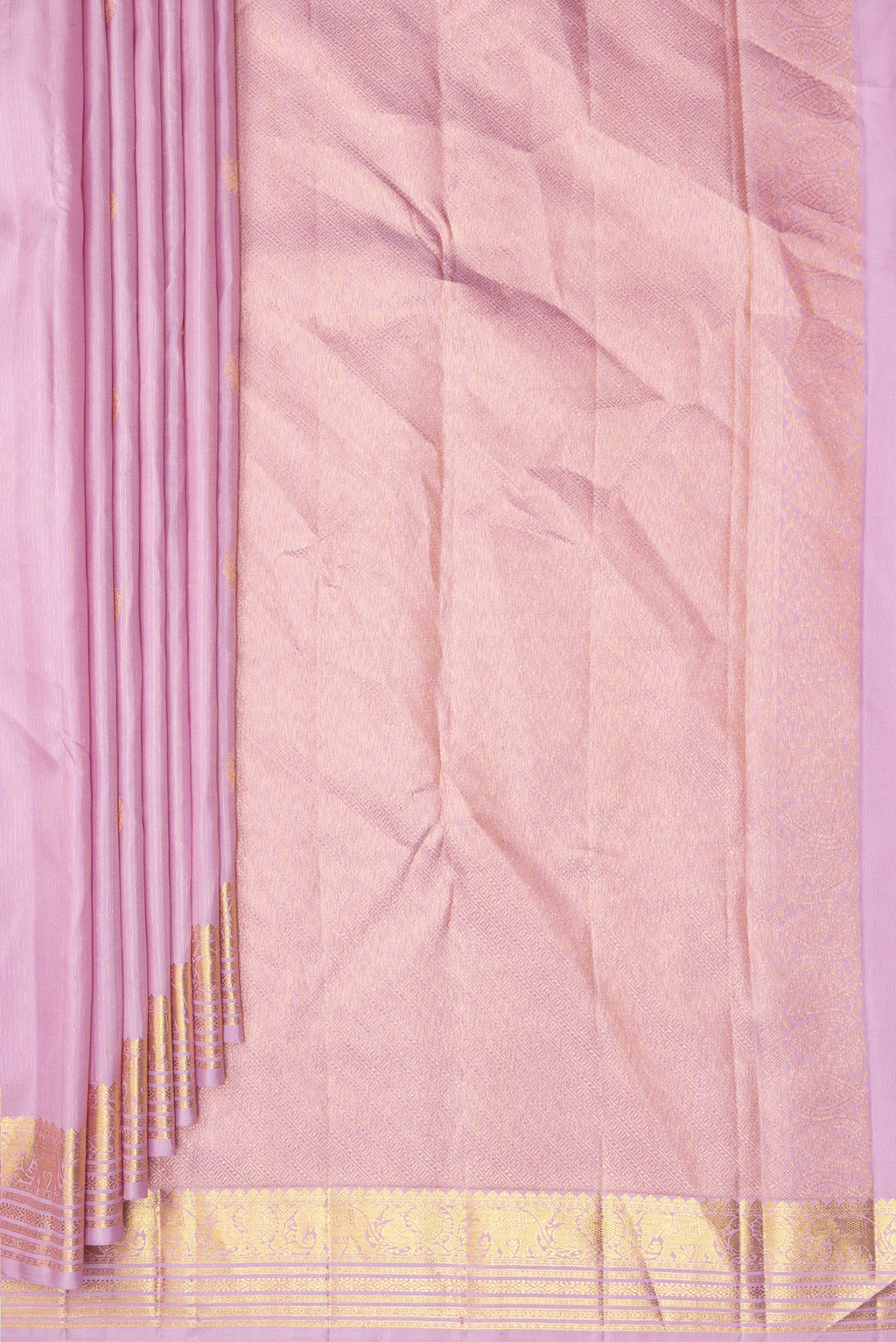 Pleats and pallu of Pure Silk Rose pink Kanjivaram Saree with Stripes on the body and Zari Border. 