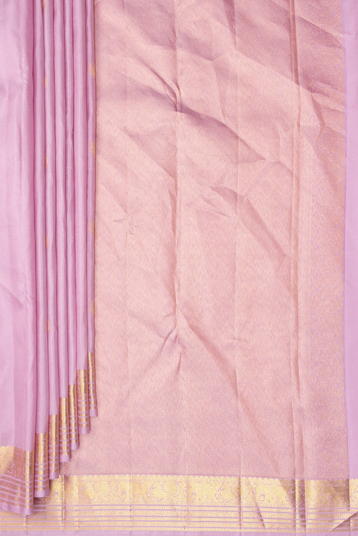 Pleats and pallu of Pure Silk Rose pink Kanjivaram Saree with Stripes on the body and Zari Border. 