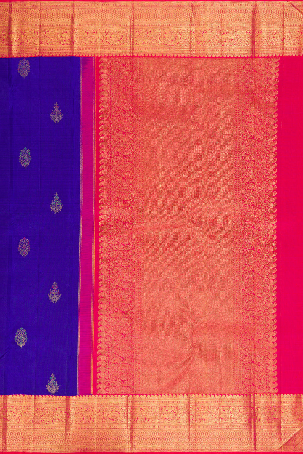 Close up image of the pallu of Pure Silk Royal Blue Kanjivaram Saree with Zari And Thread Butta on the body and Zari Border. 