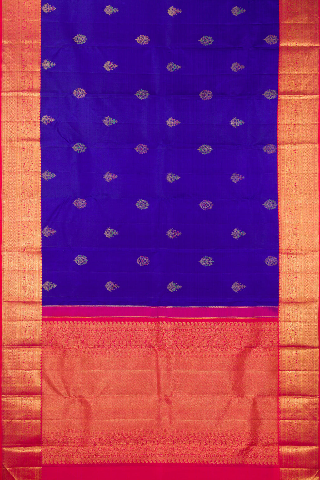 Flat view of Pure Silk Royal Blue Kanjivaram Saree with Zari And Thread Butta on the body and Zari Border. 