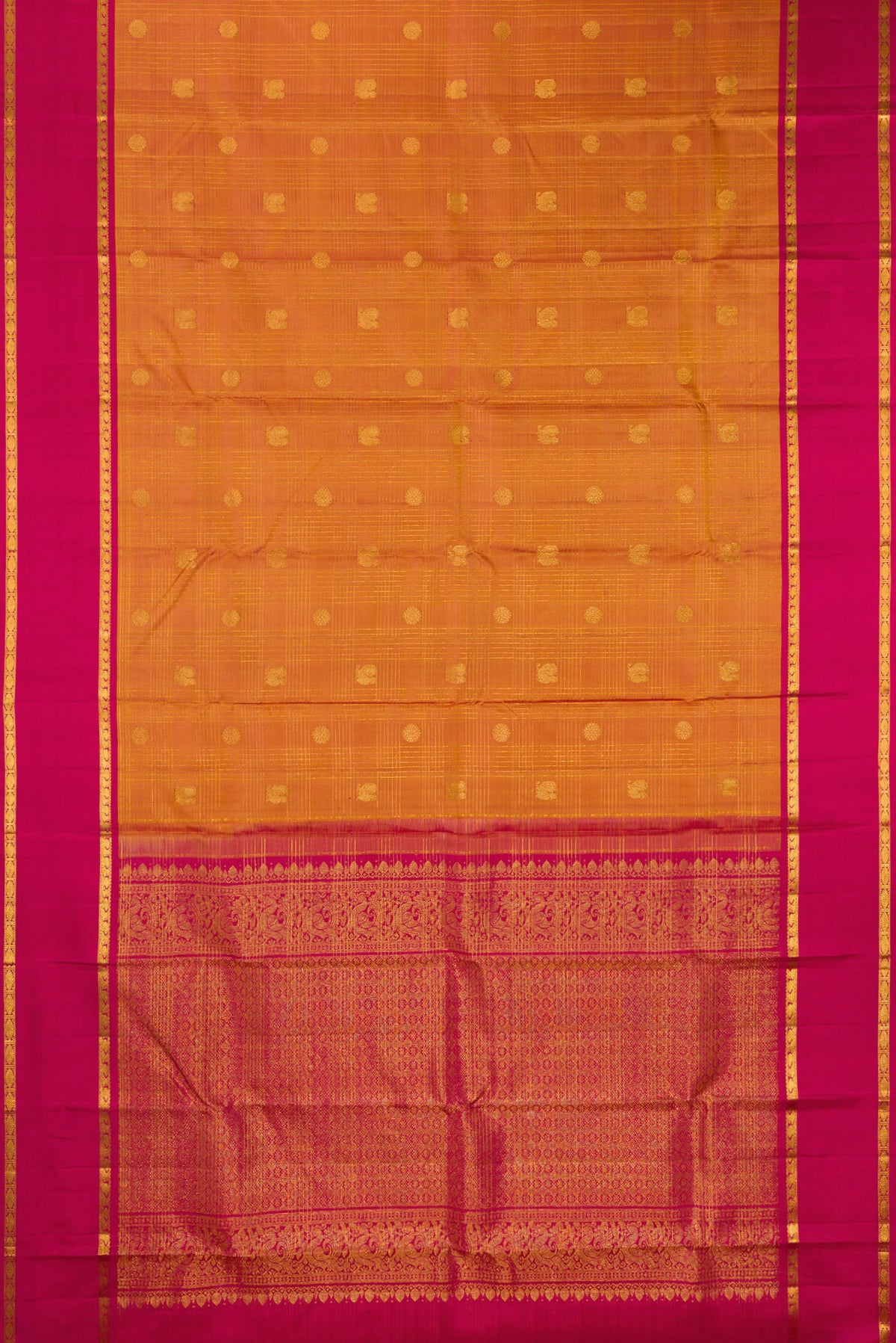 Flat view of Pure Silk Mustard Kanjivaram Saree with Checked design on the body and Zari Border. 