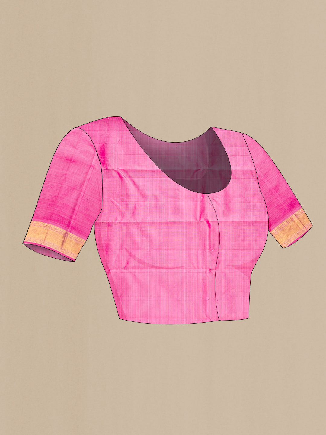 Close up image of the blouse of Pure Silk Rose pink Kanjivaram Saree with Thread Butta on the body and Zari Border. 