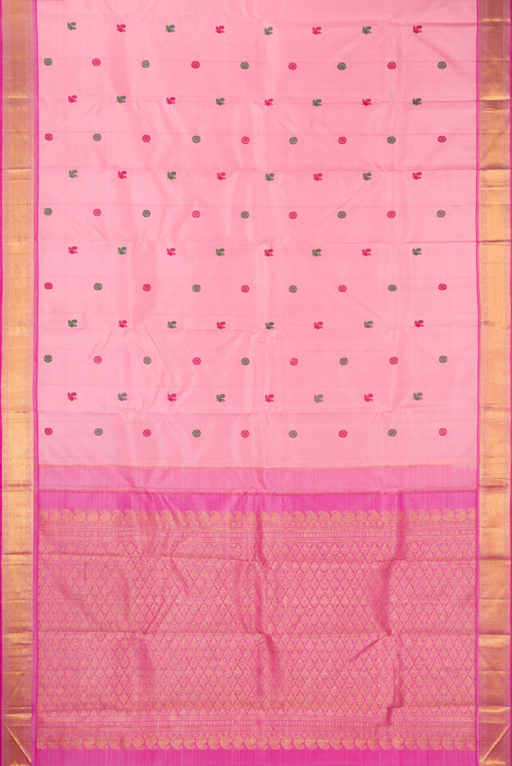 Flat view of Pure Silk Rose pink Kanjivaram Saree with Thread Butta on the body and Zari Border. 