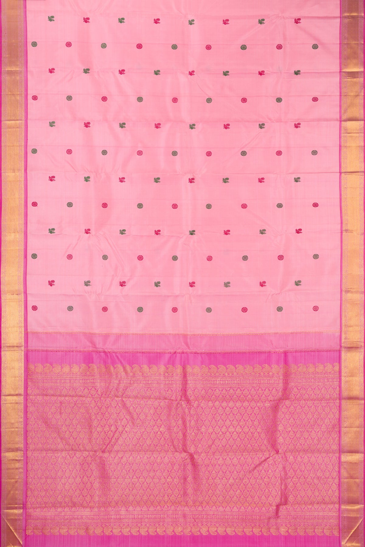 Flat view of Pure Silk Rose pink Kanjivaram Saree with Thread Butta on the body and Zari Border. 