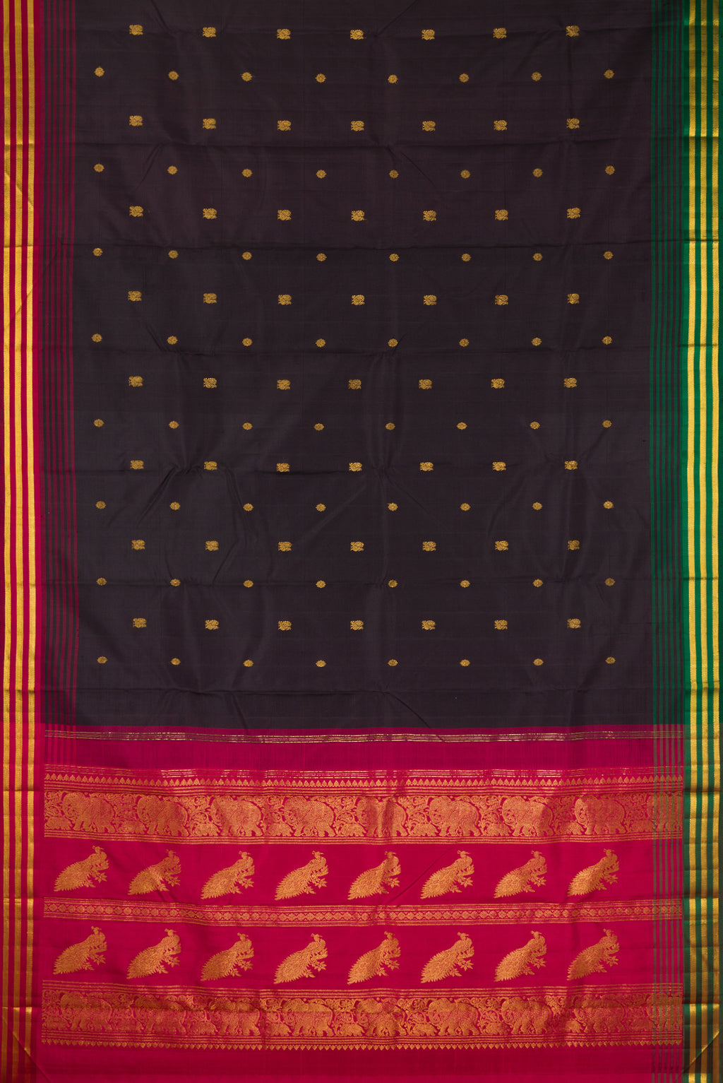 Flat view of Pure Silk Coffee Brown Kanjivaram Saree with Zari Butta on the body and Ganga Jamuna Border. 