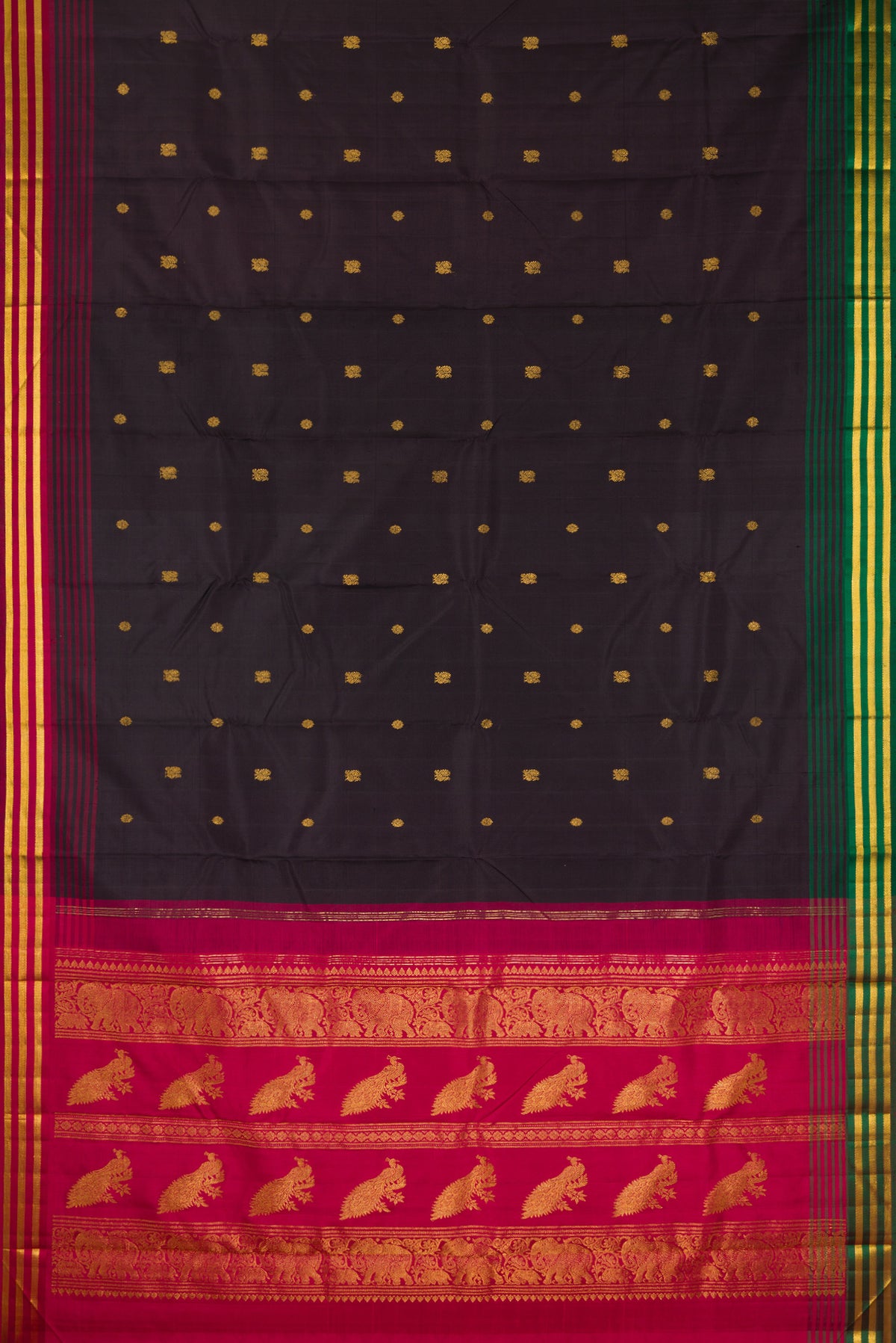 Flat view of Pure Silk Coffee Brown Kanjivaram Saree with Zari Butta on the body and Ganga Jamuna Border. 