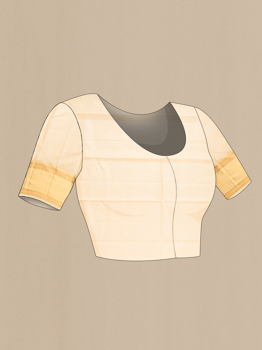 Close up image of the blouse of Pure Silk Beige and Peach Color Kanjivaram Saree with Stripes on the body and Zari Border. 