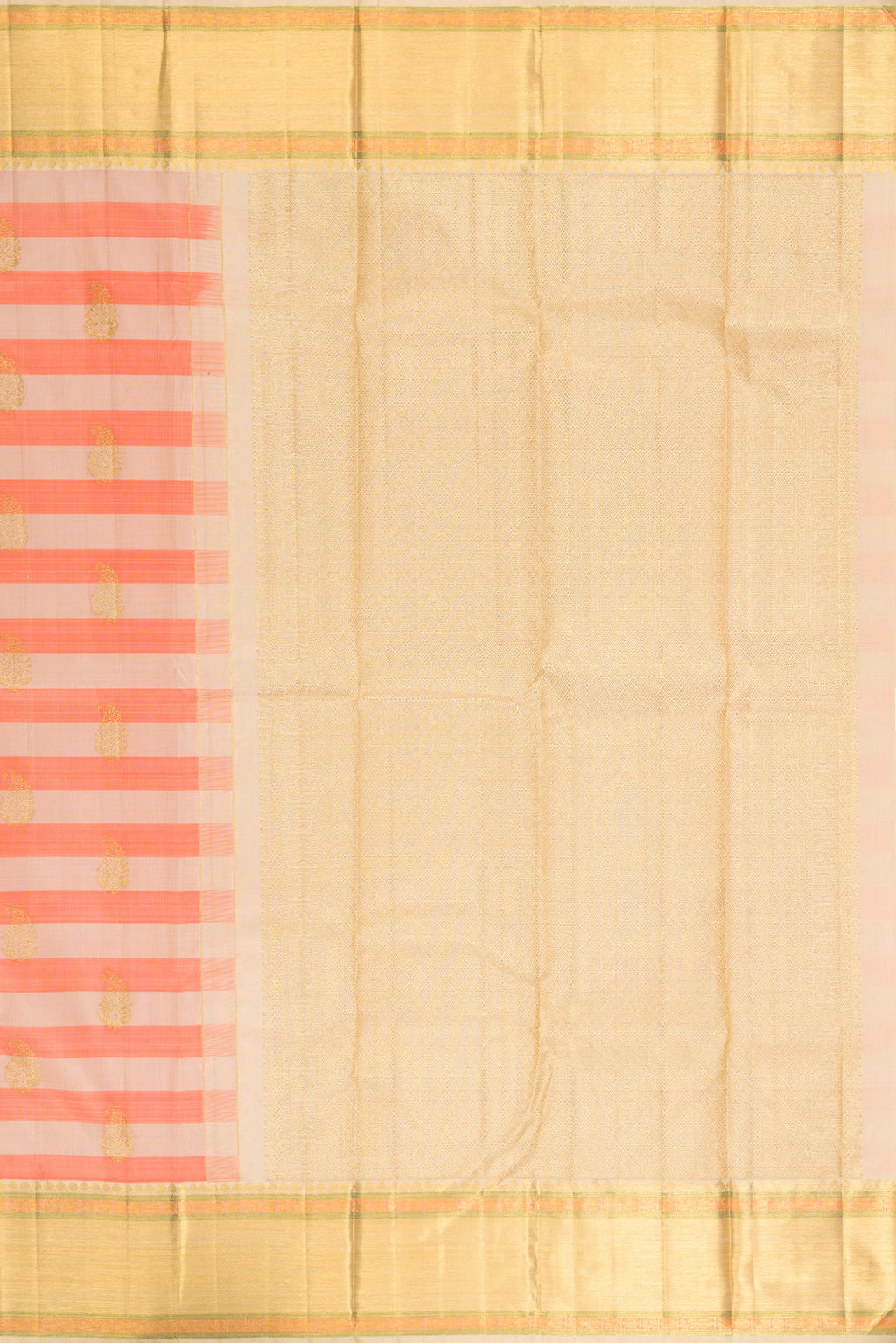 Close up image of the pallu of Pure Silk Beige and Peach Color Kanjivaram Saree with Stripes on the body and Zari Border. 