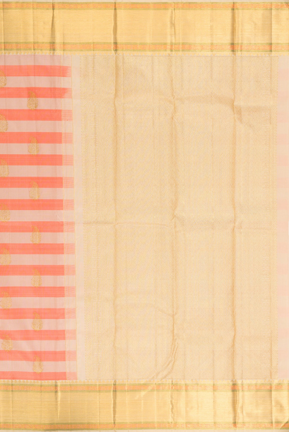 Close up image of the pallu of Pure Silk Beige and Peach Color Kanjivaram Saree with Stripes on the body and Zari Border. 