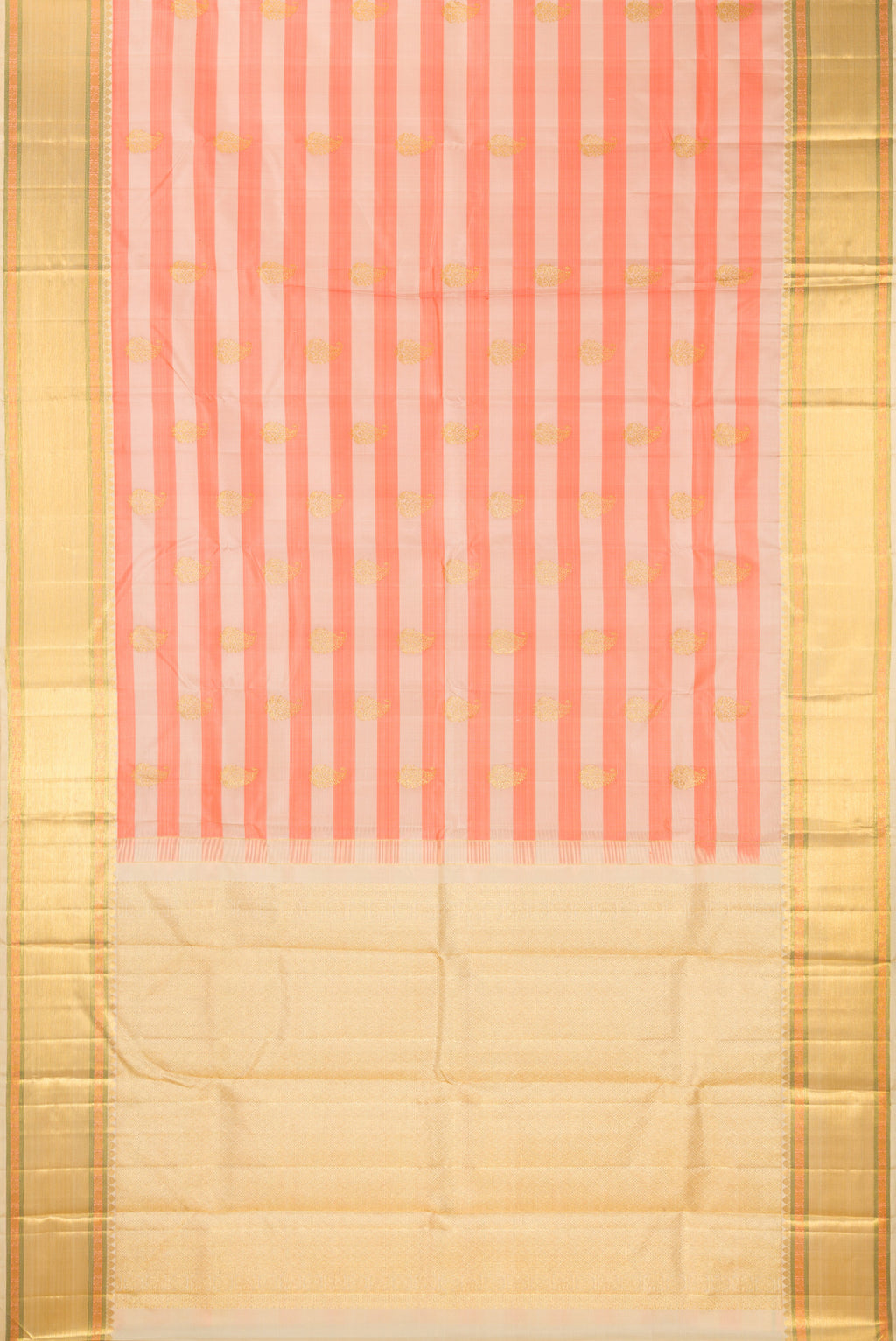 Flat view of Pure Silk Beige and Peach Color Kanjivaram Saree with Stripes on the body and Zari Border. 