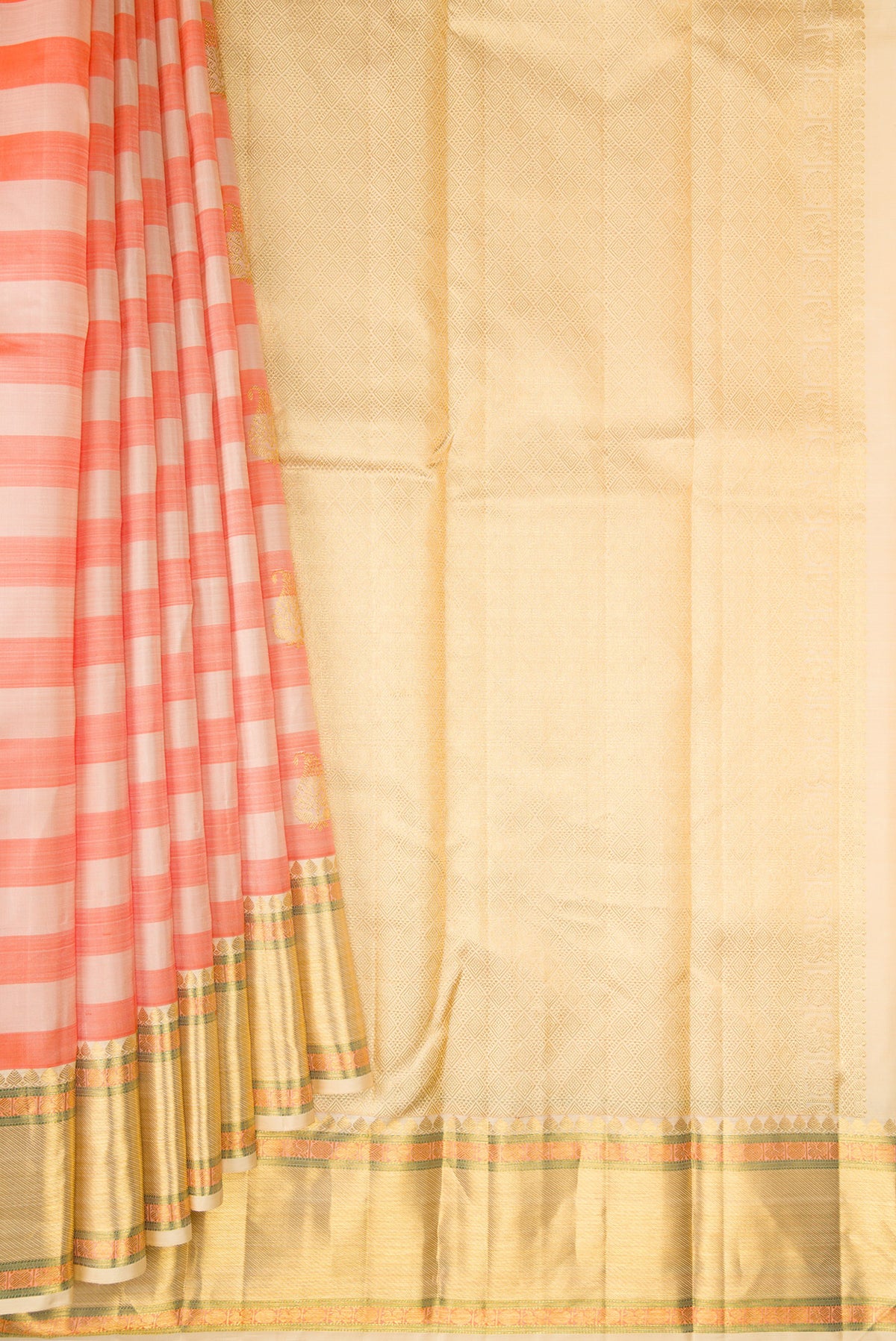 Pleats and pallu of Pure Silk Beige and Peach Color Kanjivaram Saree with Stripes on the body and Zari Border. 