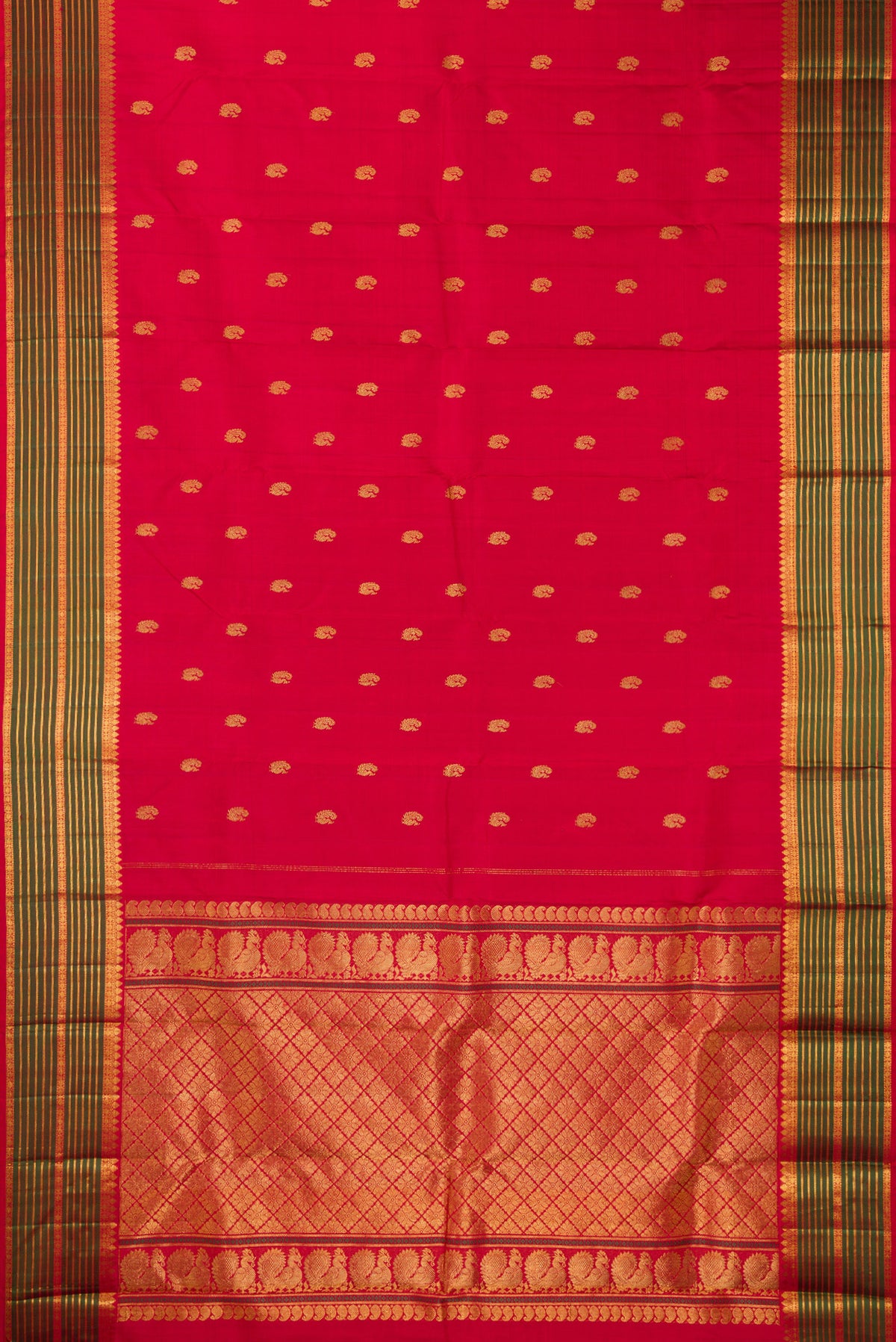 Flat view of Pure Silk Red Kanjivaram Saree with Zari Butta on the body and Zari And Thread Border. 