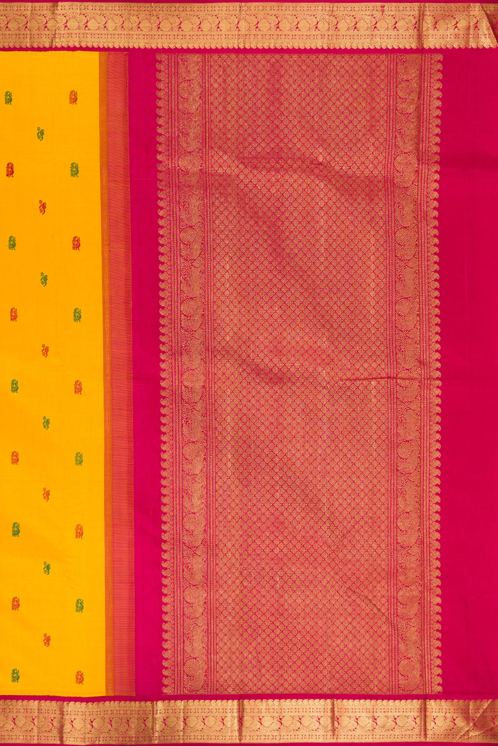 Close up image of the pallu of Pure Silk Mustard Kanjivaram Saree with Thread Butta on the body and Zari Border. 
