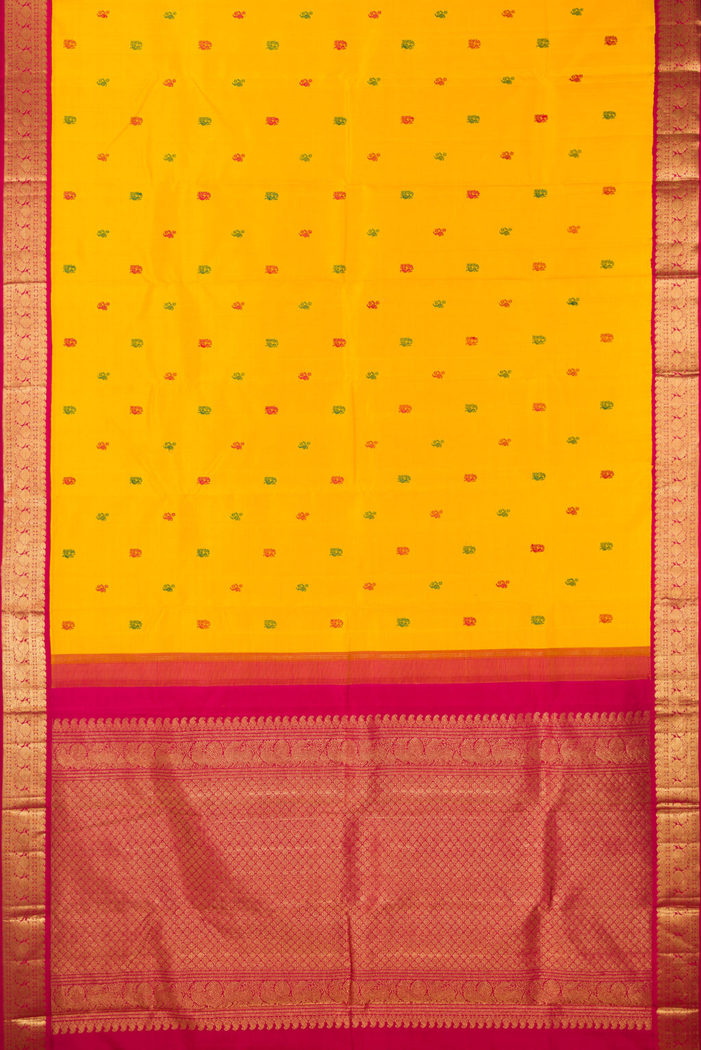 Flat view of Pure Silk Mustard Kanjivaram Saree with Thread Butta on the body and Zari Border. 