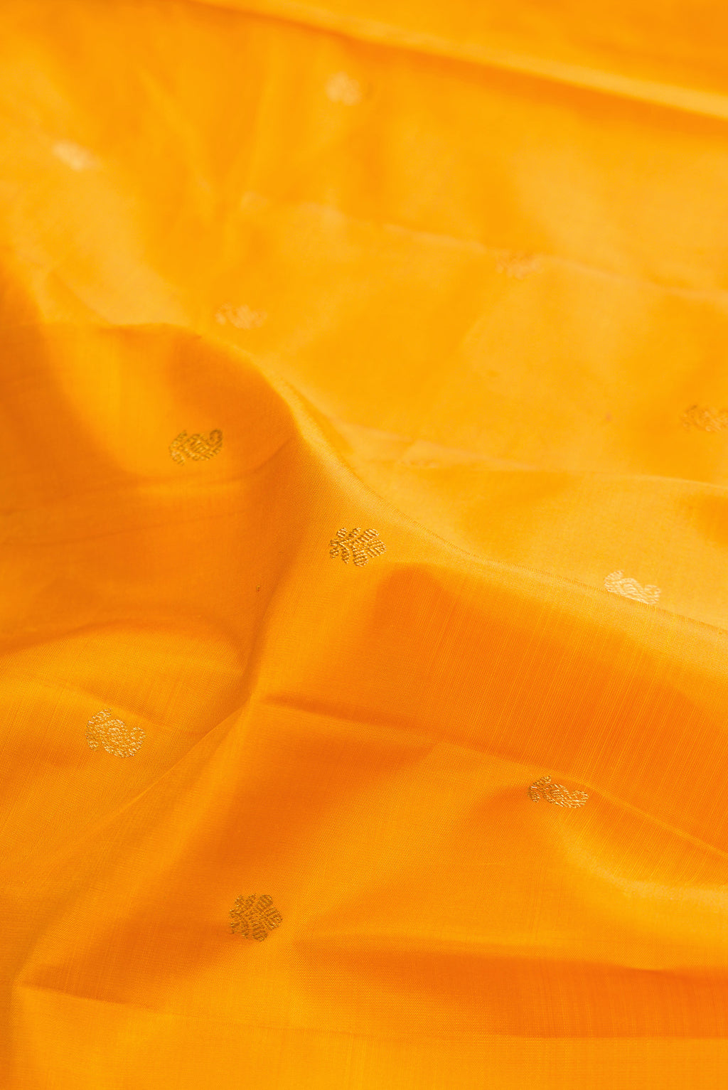 Close up of Pure Silk Mustard Kanchipuram Saree with Zari Butta on the body and Zari Border.  displaying folds