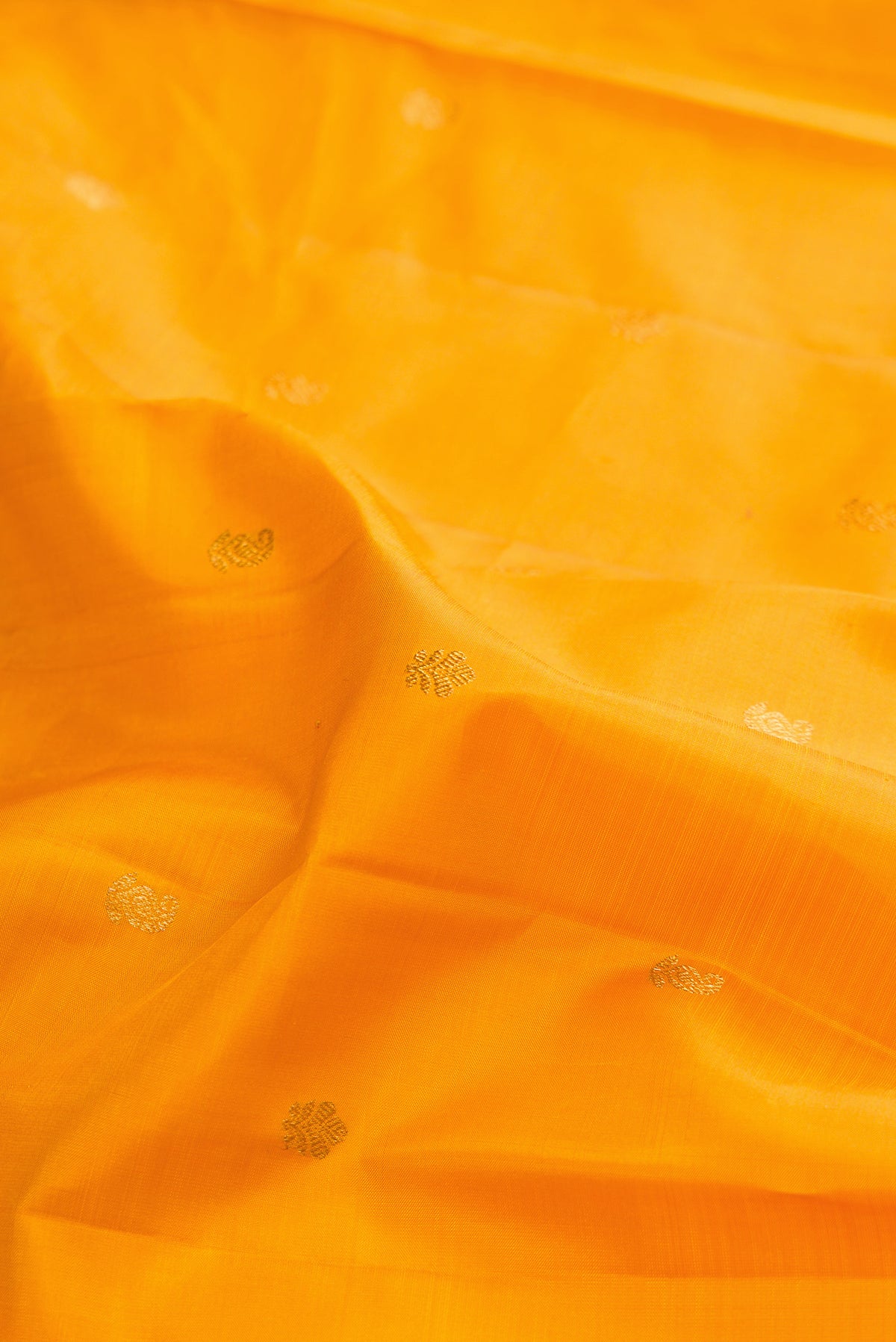 Close up of Pure Silk Mustard Kanchipuram Saree with Zari Butta on the body and Zari Border.  displaying folds