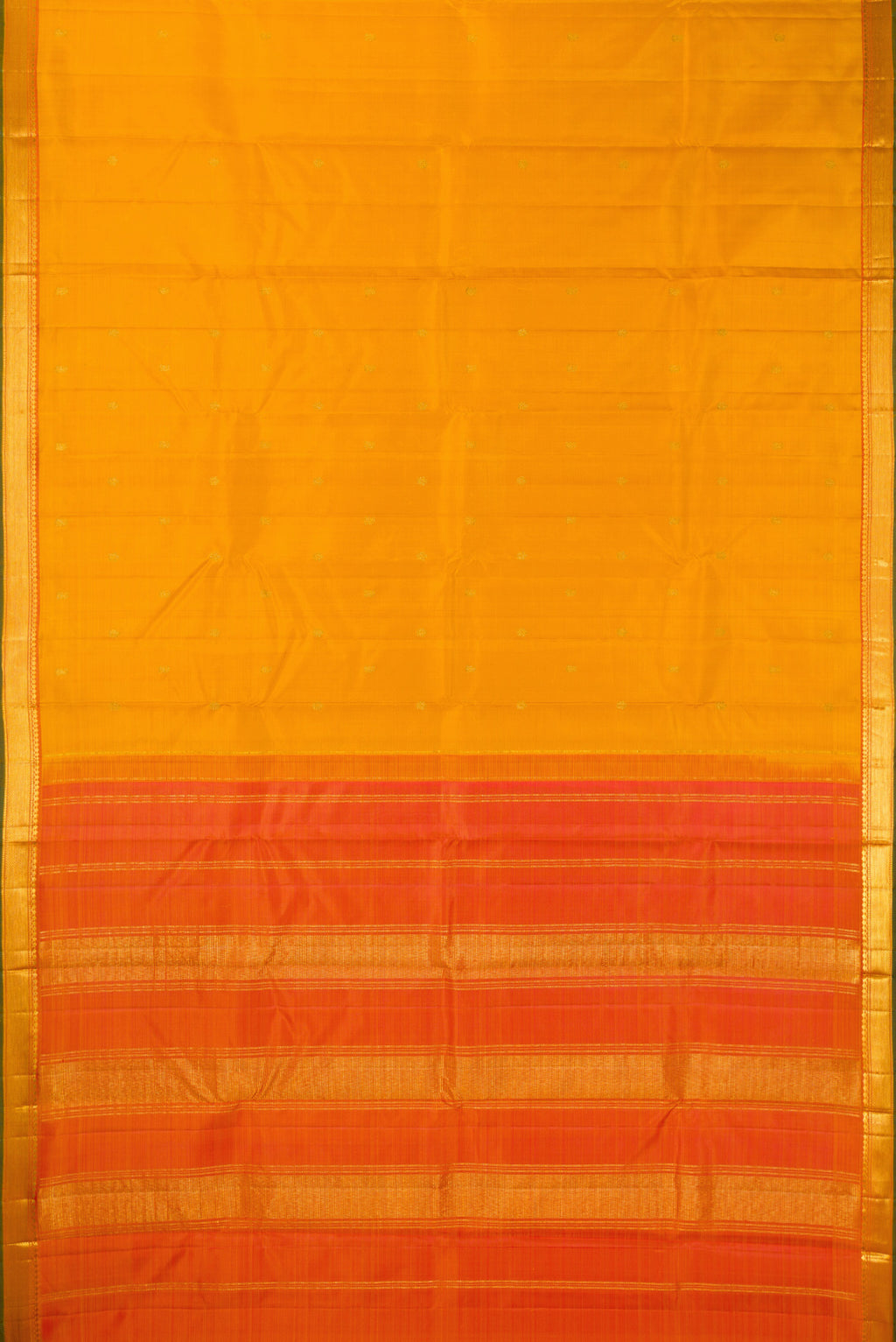 Flat view of Pure Silk Mustard Kanchipuram Saree with Zari Butta on the body and Zari Border. 