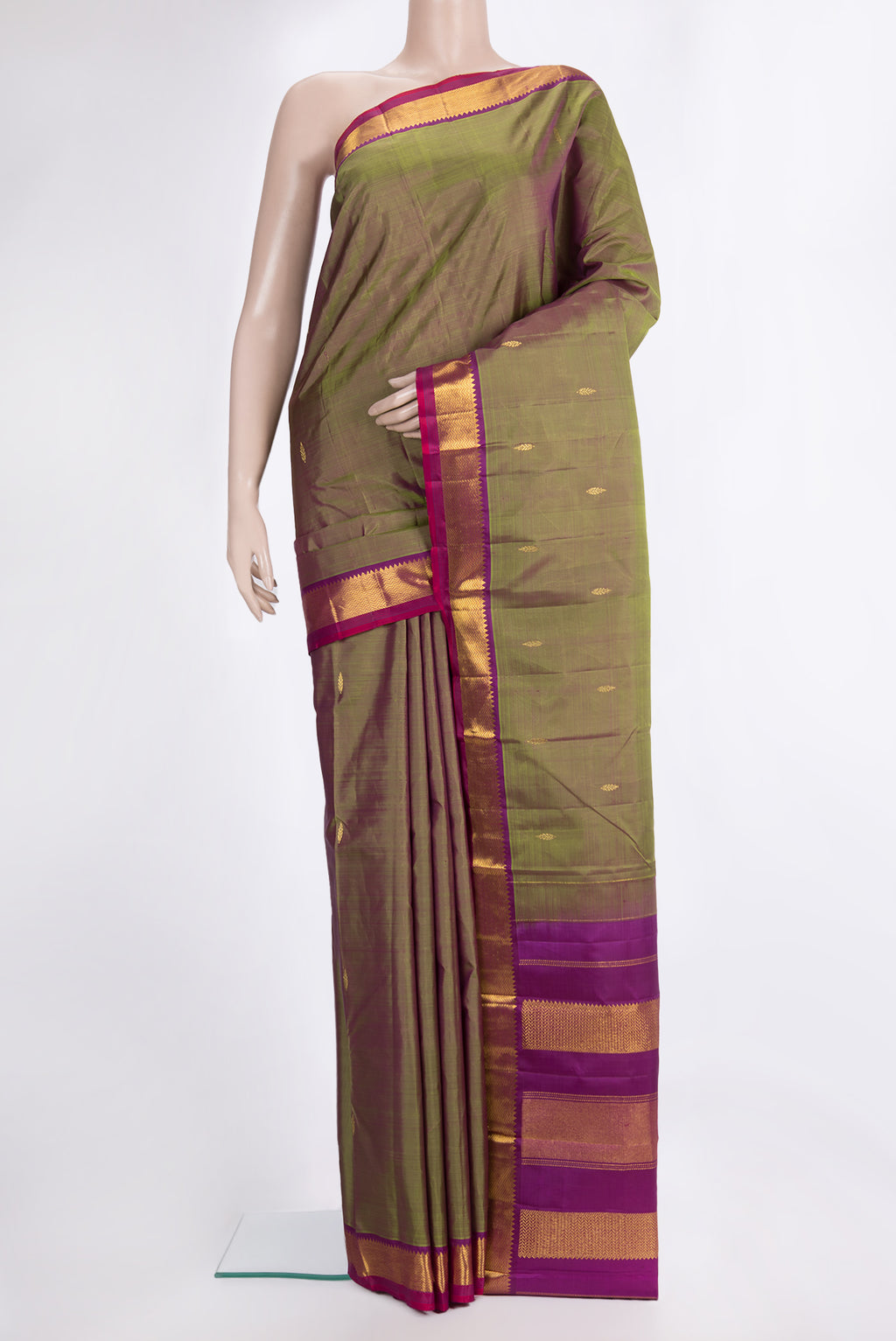 Pure Silk Mehandi Green Dual Tone Kanchipuram Saree with Zari Butta on the body and Zari Border.  displayed on a mannequin