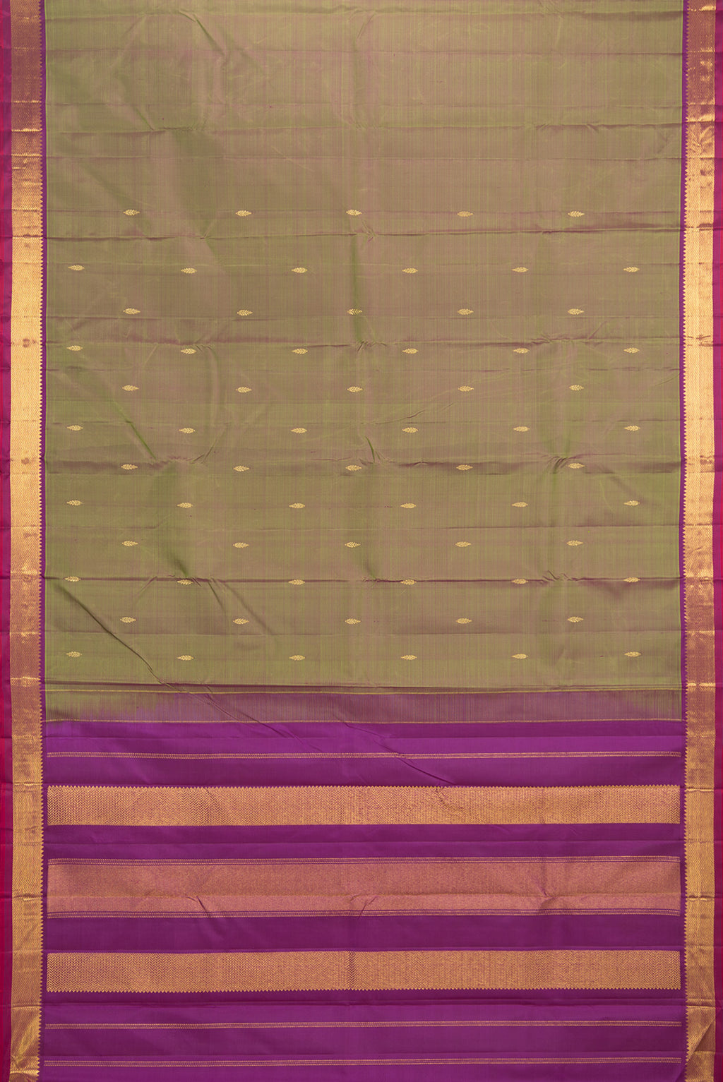 Flat view of Pure Silk Mehandi Green Dual Tone Kanchipuram Saree with Zari Butta on the body and Zari Border. 