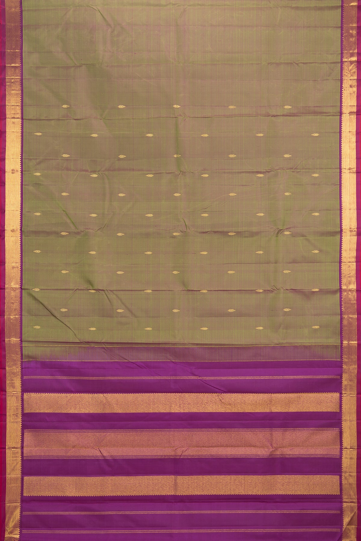 Flat view of Pure Silk Mehandi Green Dual Tone Kanchipuram Saree with Zari Butta on the body and Zari Border. 